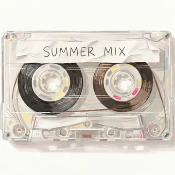 The SUMMER MIX cassette rendered in the Airy pastel modernist style, Sunlit coral palette.