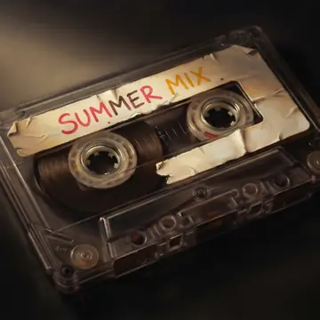 The same SUMMER MIX cassette rendered in the Tenebrist oil realism style, Sunlit coral palette.