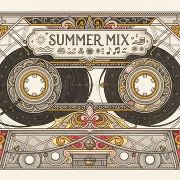 The same SUMMER MIX cassette rendered in the Ornamental miniature maximalism style, Sunlit coral palette.