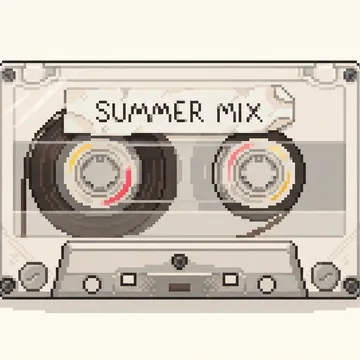 A transparent ‘SUMMER MIX’ cassette tape rendered in the Refined pixel art style (deliberate pixel clusters, clean silhouette), Sunlit coral palette.