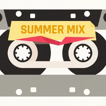 A transparent ‘SUMMER MIX’ cassette tape rendered in the Hard-edge geometric screenprint style (flat bold shapes, crisp geometry), Sunlit coral palette.
