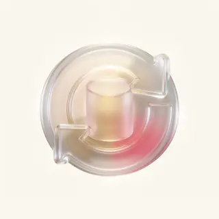 A database-migration project icon in the Glass icon recipe: a frosted-glass disk with two embossed circular refresh arrows around a small frosted cylinder at its center, warm amber and coral tints glowing through, Sunlit coral palette.
