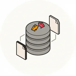 A database-migration project icon in the Geometric isometric icon recipe (spare isometric geometry), Sunlit coral palette.
