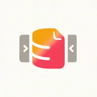 A database-migration project icon in the Modern flat icon recipe: a rounded database-cylinder-and-page hybrid with a soft amber-to-coral diagonal gradient and white band lines, flanked by two gray panels with inward-facing chevrons, Sunlit coral palette.