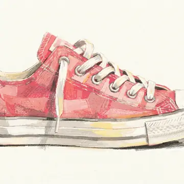 A red-and-white canvas sneaker rendered in the Airy pastel modernist style (luminous pastel, open paper texture), Sunlit coral palette.