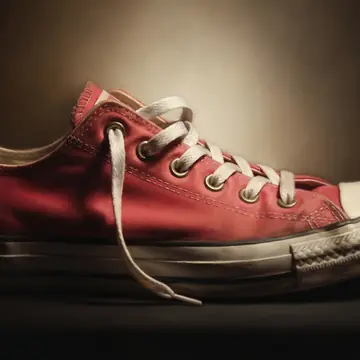 A red-and-white canvas sneaker rendered in the Tenebrist oil realism style (dark oil, focused light), Sunlit coral palette.