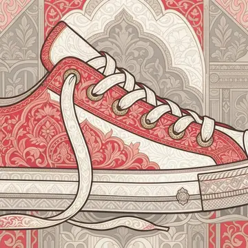 A red-and-white canvas sneaker rendered in the Ornamental miniature maximalism style (dense ornament, jewel-tone pattern), Sunlit coral palette.