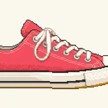 A red-and-white canvas sneaker rendered in the Refined pixel art style (deliberate pixel clusters, clean silhouette), Sunlit coral palette.