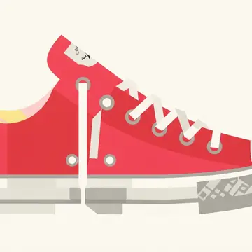 A red-and-white canvas sneaker rendered in the Hard-edge geometric screenprint style (flat bold shapes, crisp geometry), Sunlit coral palette.