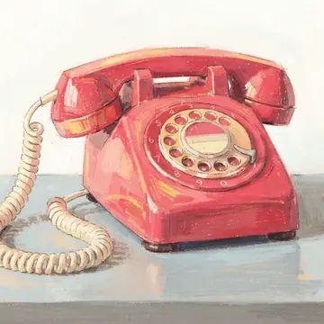 A cherry-red rotary telephone rendered in the Airy pastel modernist style (luminous pastel, open paper texture), Sunlit coral palette.