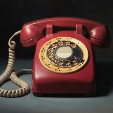 A cherry-red rotary telephone rendered in the Tenebrist oil realism style (dark oil, focused light), Sunlit coral palette.