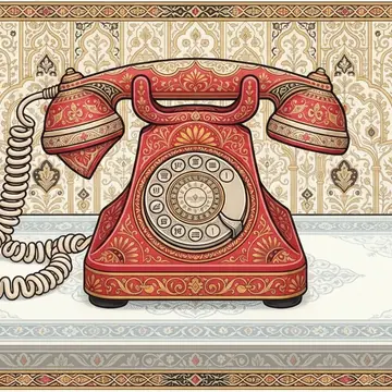 A cherry-red rotary telephone rendered in the Ornamental miniature maximalism style (dense ornament, jewel-tone pattern), Sunlit coral palette.