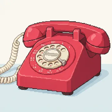 A cherry-red rotary telephone rendered in the Refined pixel art style (deliberate pixel clusters, clean silhouette), Sunlit coral palette.