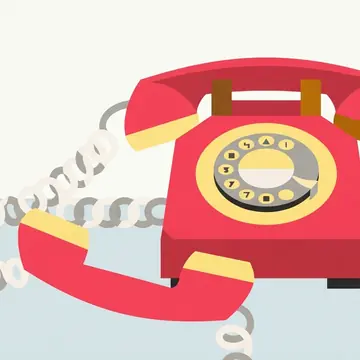A cherry-red rotary telephone rendered in the Hard-edge geometric screenprint style (flat bold shapes, crisp geometry), Sunlit coral palette.