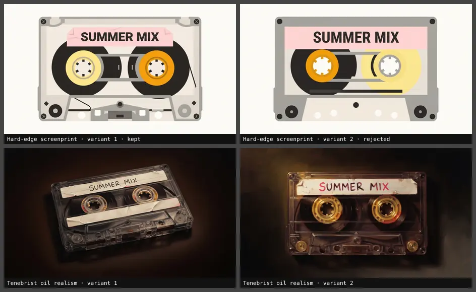 A four-candidate contact sheet: two hard-edge screenprint cassettes on top and two tenebrist oil-realism cassettes below, the same SUMMER MIX subject rendered by two recipes so the styles can be compared side by side.