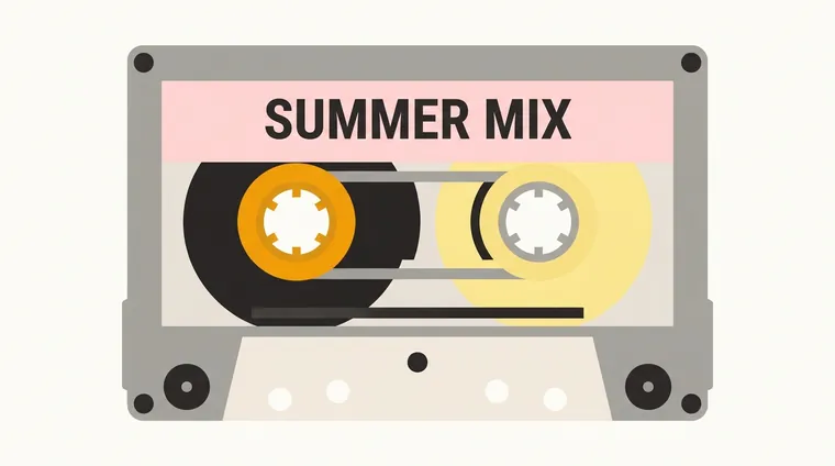 The rejected screenprint cassette at full size: the right reel is a ghosted, half-transparent disc overlapping the left, so the tape mechanism reads as unfinished.