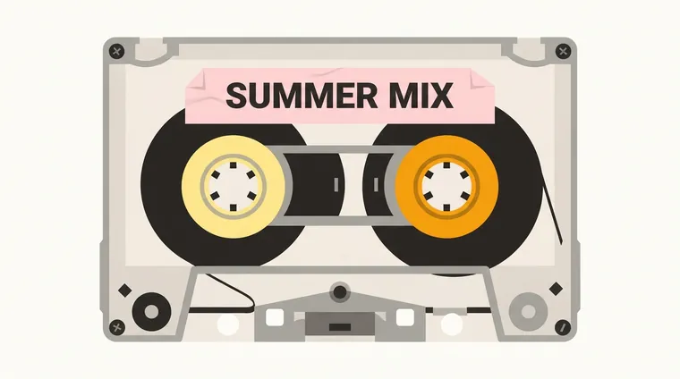 The winning screenprint cassette at full size: two solid reels, a pink SUMMER MIX banner, amber and yellow hubs, legible at a glance.